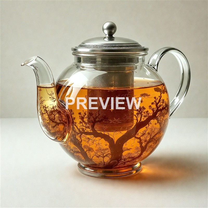 A glass teapot filled with amber-colored tea, featuring a decorative tree branch design on the exterior, with a metal lid and handle, placed against a plain background.